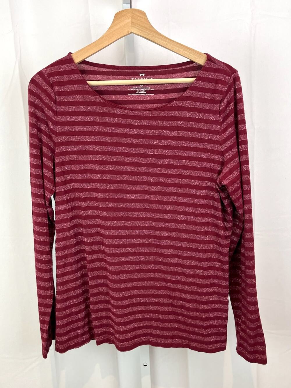 TALBOTS Size Petite L PL Metallic Stripe Long Sleeve Tee Top Shirt Boat Neck Red